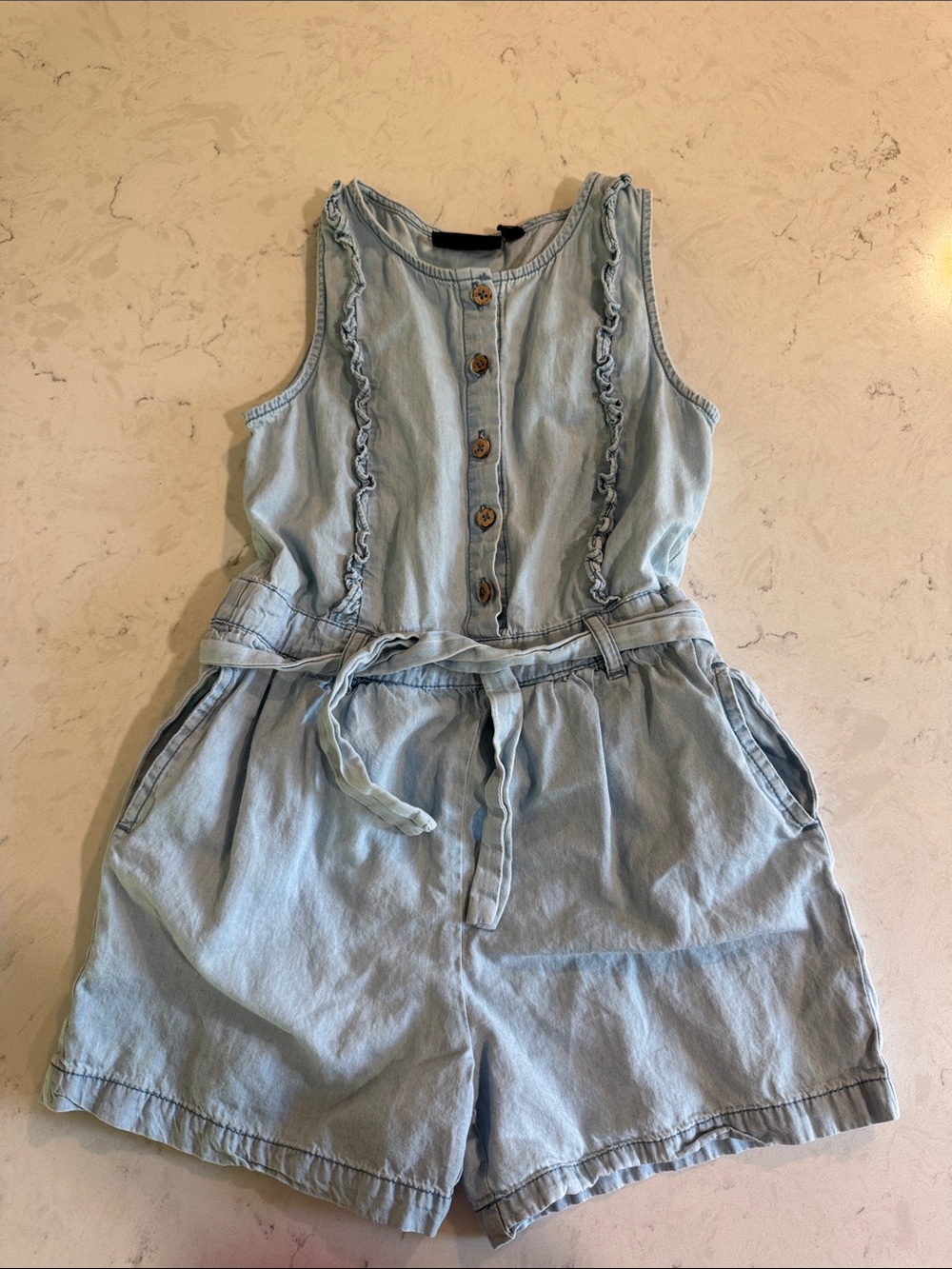 kidpik Light Blue Denim One-Piece Romper with Tie Waist